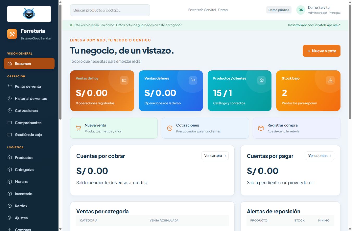 Vista real del panel de Sistema para Ferreterías con datos de ejemplo
